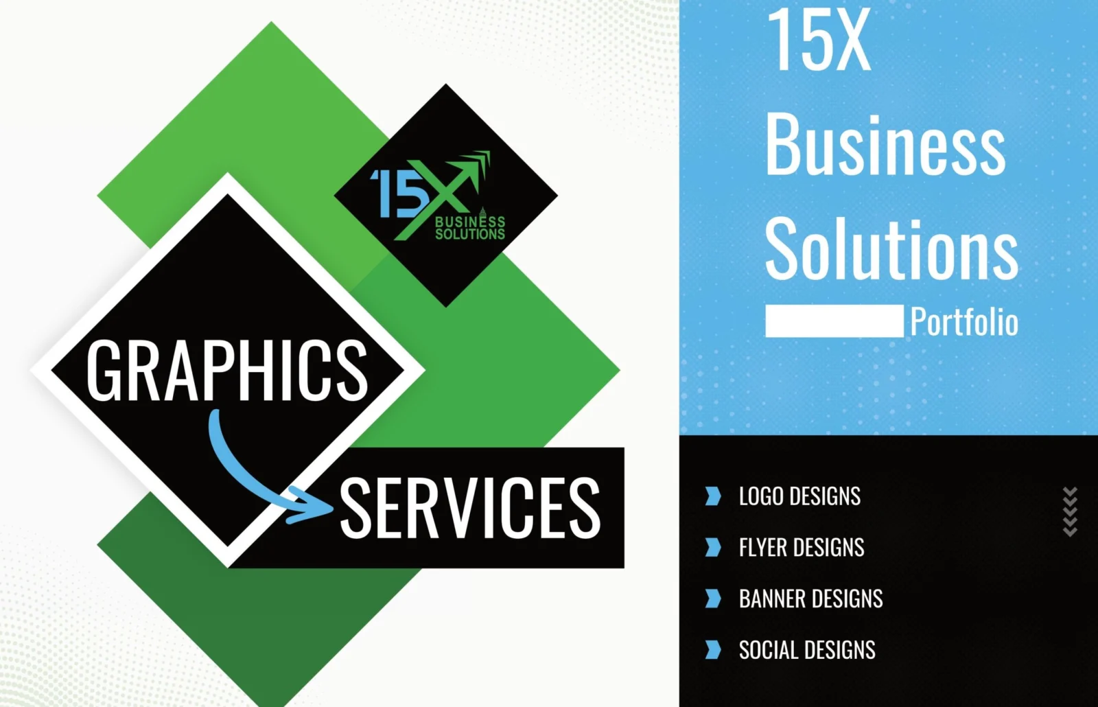15X Business Solutions graphics services portfolio cover listing logo, flyer, banner and social designs