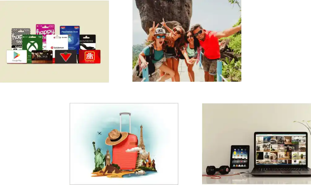 Collage featuring gift cards, travelers, global travel destinations, luggage, and electronic devices representing shopping, travel, lifestyle, and technology rewards.