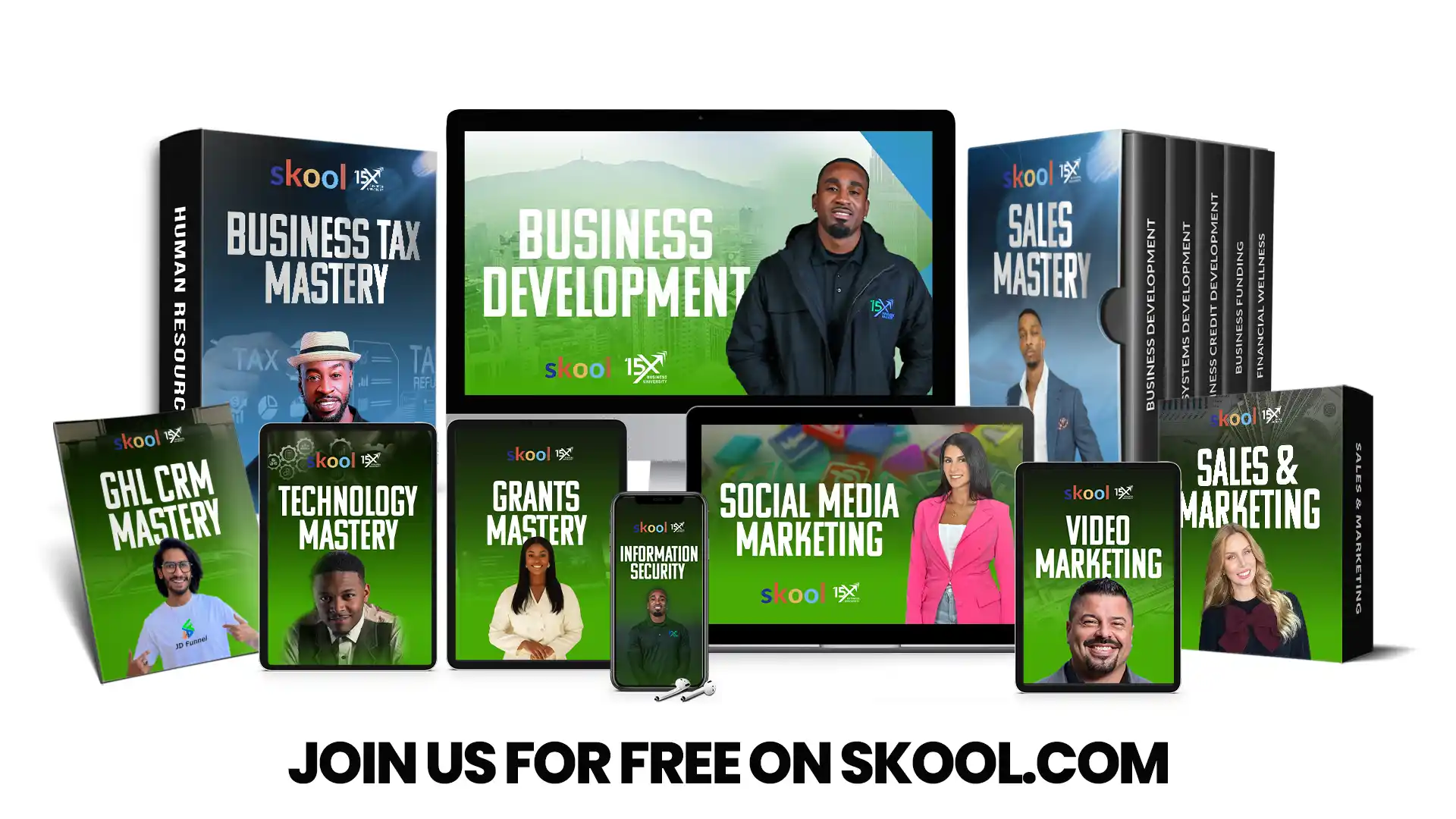 15X Business Solutions online training programs displayed across desktop, laptop, tablet, smartphone, and course boxes, featuring business development, sales, marketing, CRM, technology, grants, information security, and tax mastery courses available free on Skool.