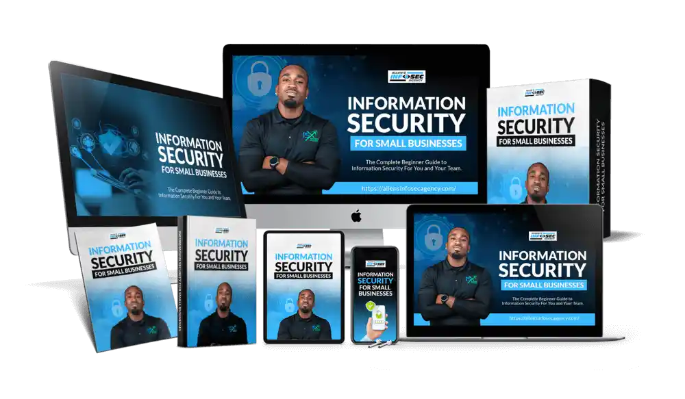 Information Security for Small Businesses training resources displayed across desktop, laptop, tablet, smartphone, and book formats.