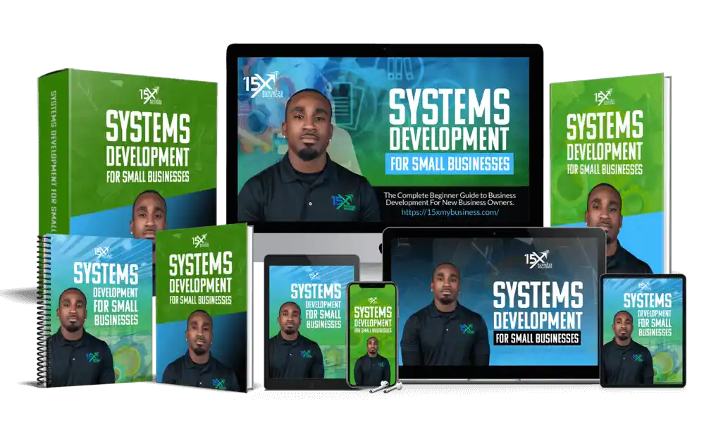 15X Business Solutions systems development training resources displayed across desktop, laptop, tablet, smartphone, workbook, and book formats for small business owners.