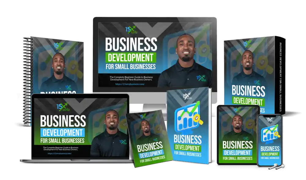 15X Business Solutions business development training resources displayed across desktop, laptop, tablet, smartphone, workbook, and book formats for small business owners.