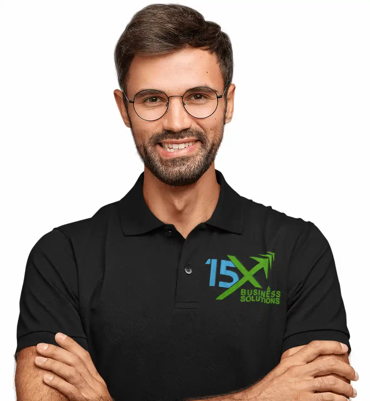 Professional 15X Business Solutions team member wearing a black branded polo shirt, smiling with arms crossed against a white background.